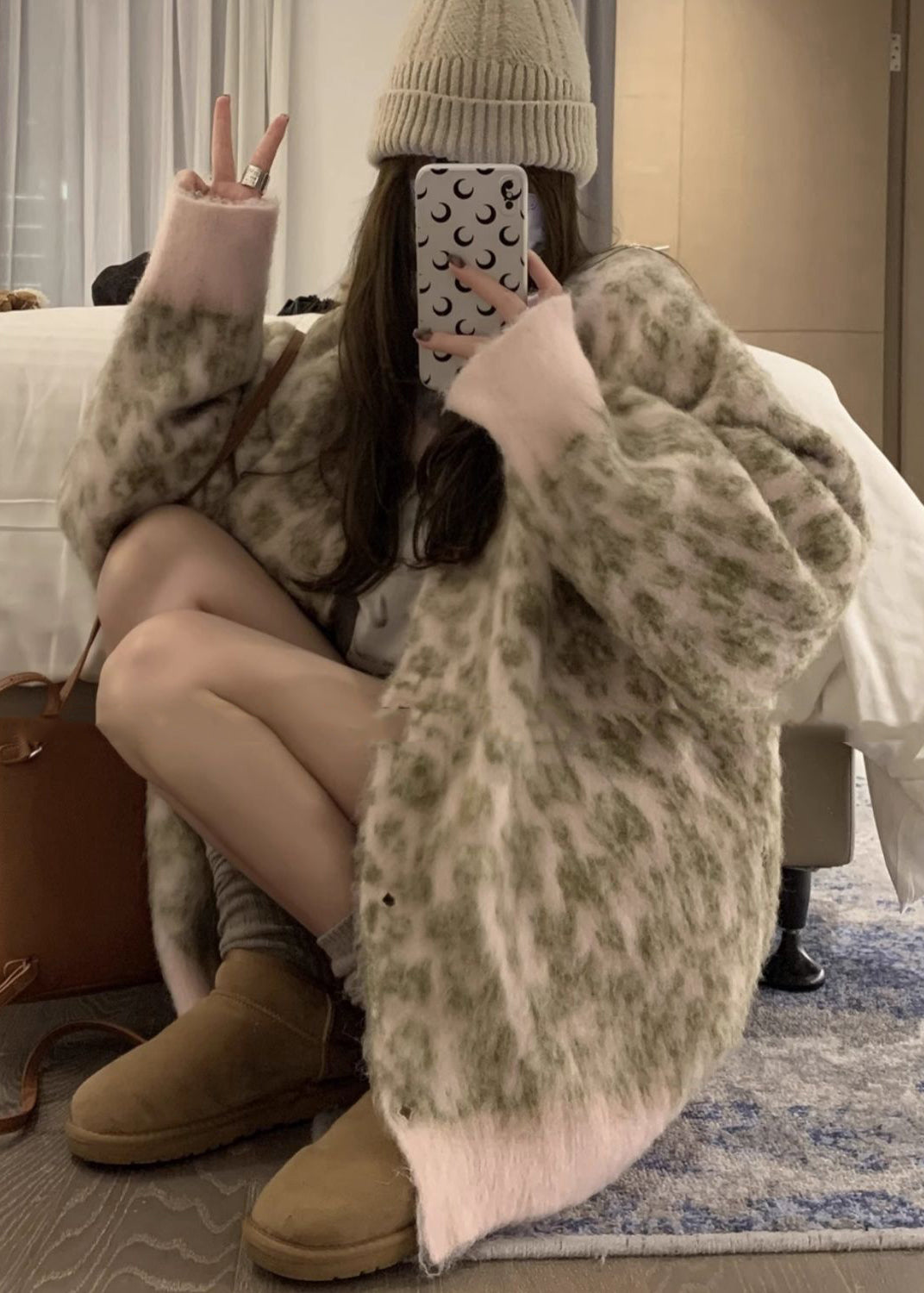 French Coffee O Neck Leopard Print Button Knit Cardigans Spring TN033