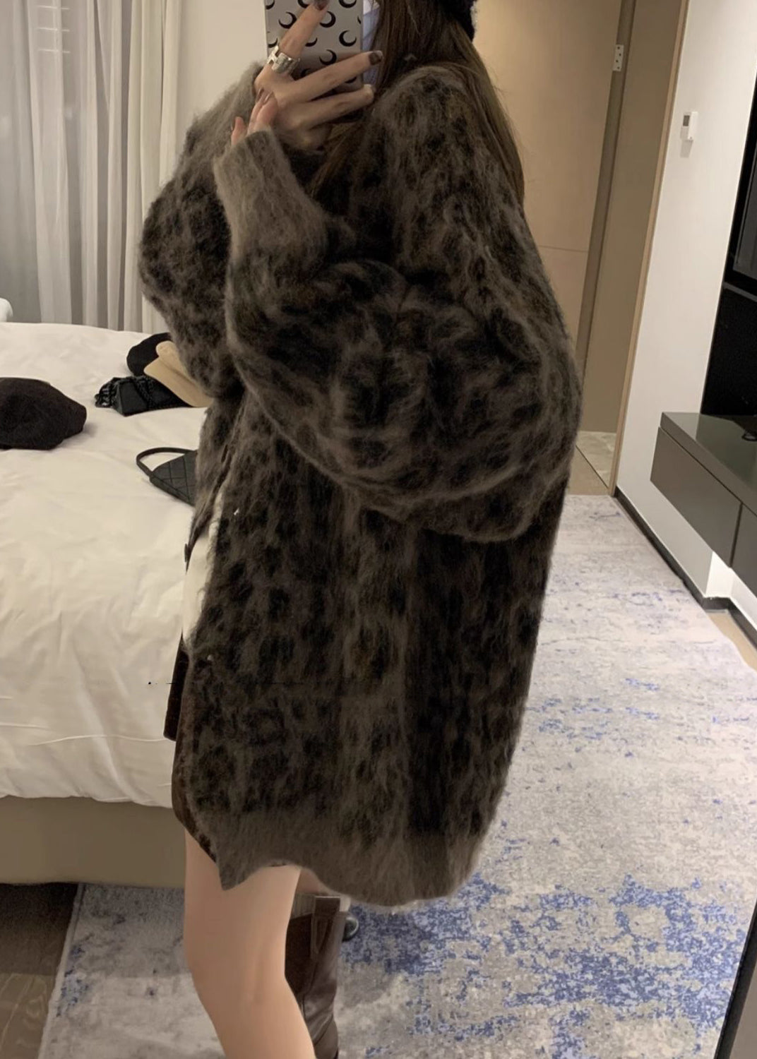 French Coffee O Neck Leopard Print Button Knit Cardigans Spring TN033