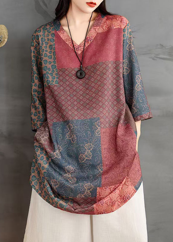 V Bracelet Neck Sleeve Colorblock Shirts Linen Print French