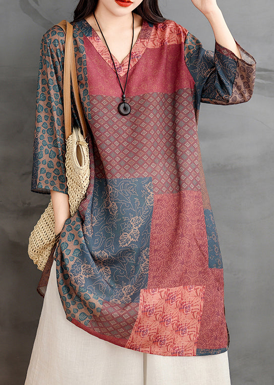 V Bracelet Neck Sleeve Colorblock Shirts Linen Print French