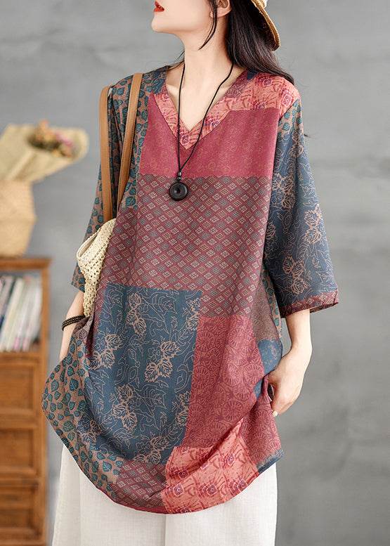V Bracelet Neck Sleeve Colorblock Shirts Linen Print French