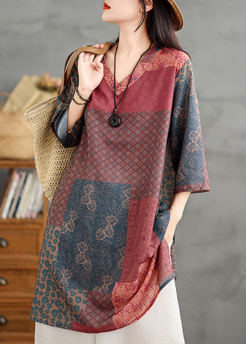 V Bracelet Neck Sleeve Colorblock Shirts Linen Print French