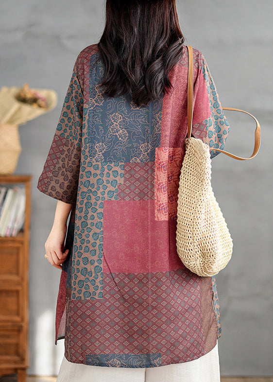 V Bracelet Neck Sleeve Colorblock Shirts Linen Print French