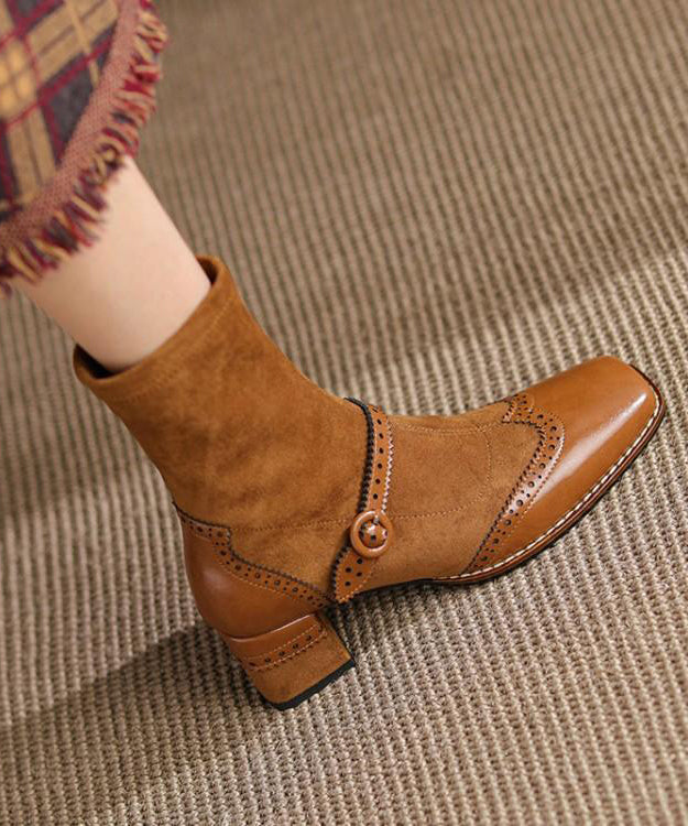 French Comfortable Splicing Chunky Boots Khaki Suede RD001