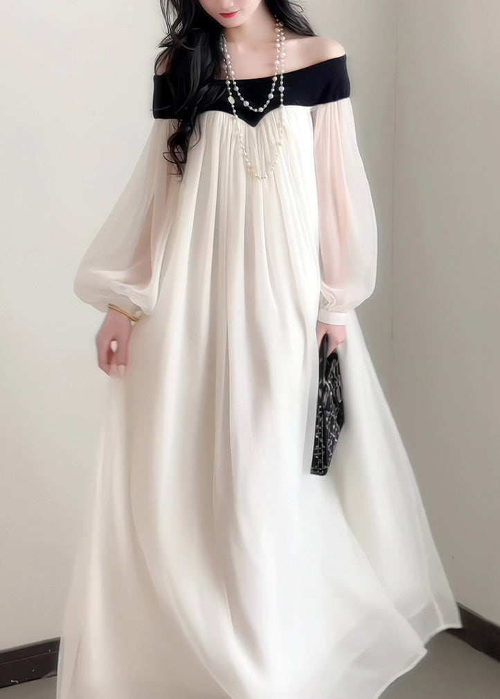 Sleeves French Elegant Neck Chiffon Slash Lantern Dress