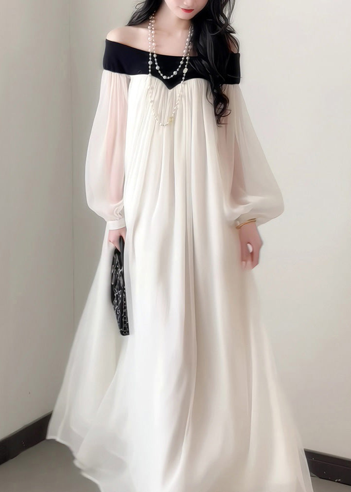 Lantern Neck Chiffon French Slash Elegant Dress Sleeves