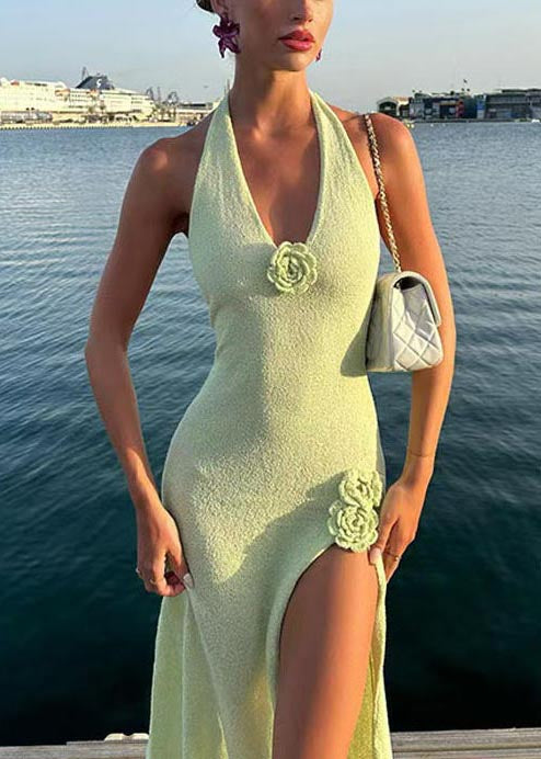 Side Holiday Open Decorated French Green Floral Dress Fruit Knit