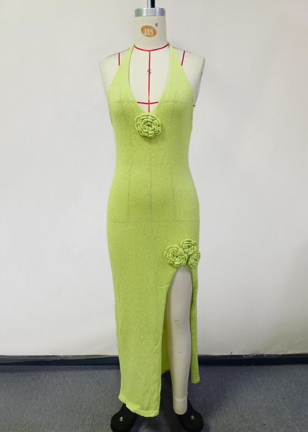 Side Holiday Open Decorated French Green Floral Dress Fruit Knit
