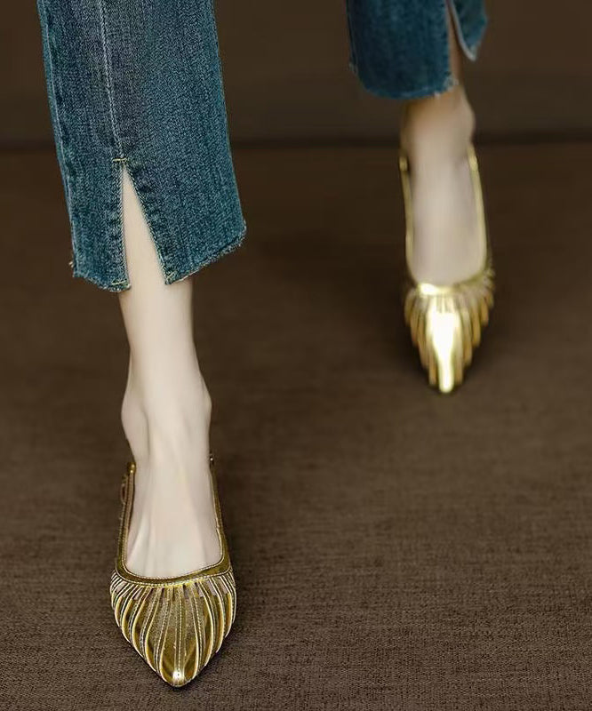 Sandals Leather Out Cowhide Gold Chunky French Hollow Toe Pointed