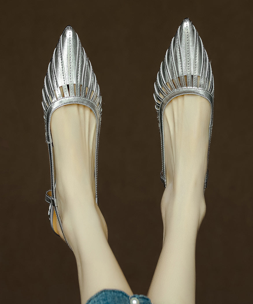 Sandals Leather Out Cowhide Gold Chunky French Hollow Toe Pointed