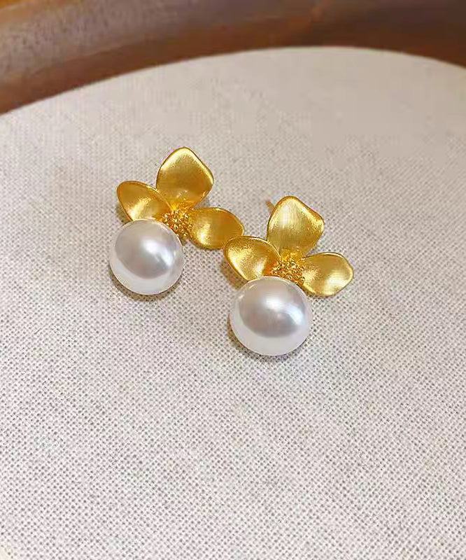 Earrings French Drop Copper Gold Floral Overgild Pearl