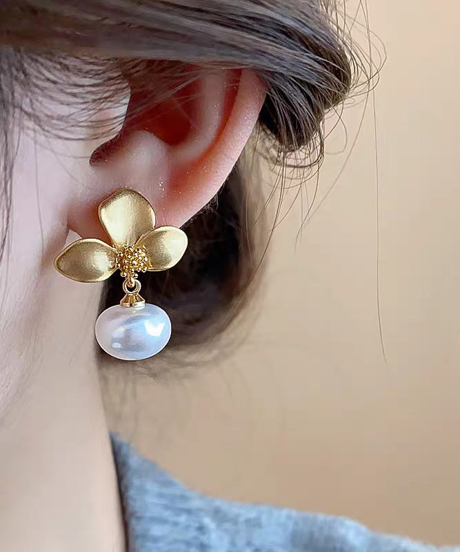 Earrings French Drop Copper Gold Floral Overgild Pearl