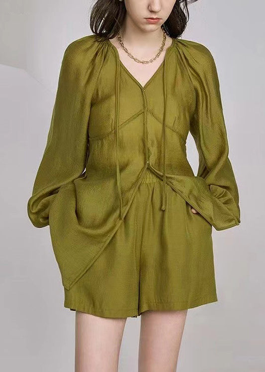 French Grass Green Lace Up Pockets Silk Two Piece Set Long Sleeve Ada Fashion