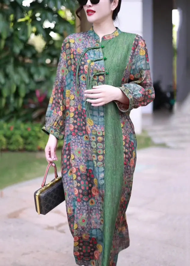 French Green Button Print Patchwork Silk Long Dress Spring Ada Fashion