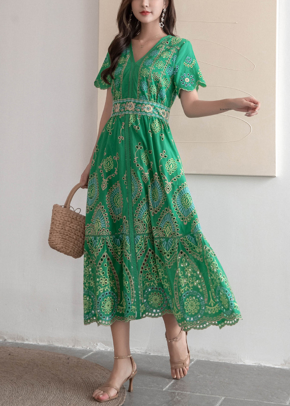 Dresses Out Summer Hollow Long Embroidered French Cotton Green