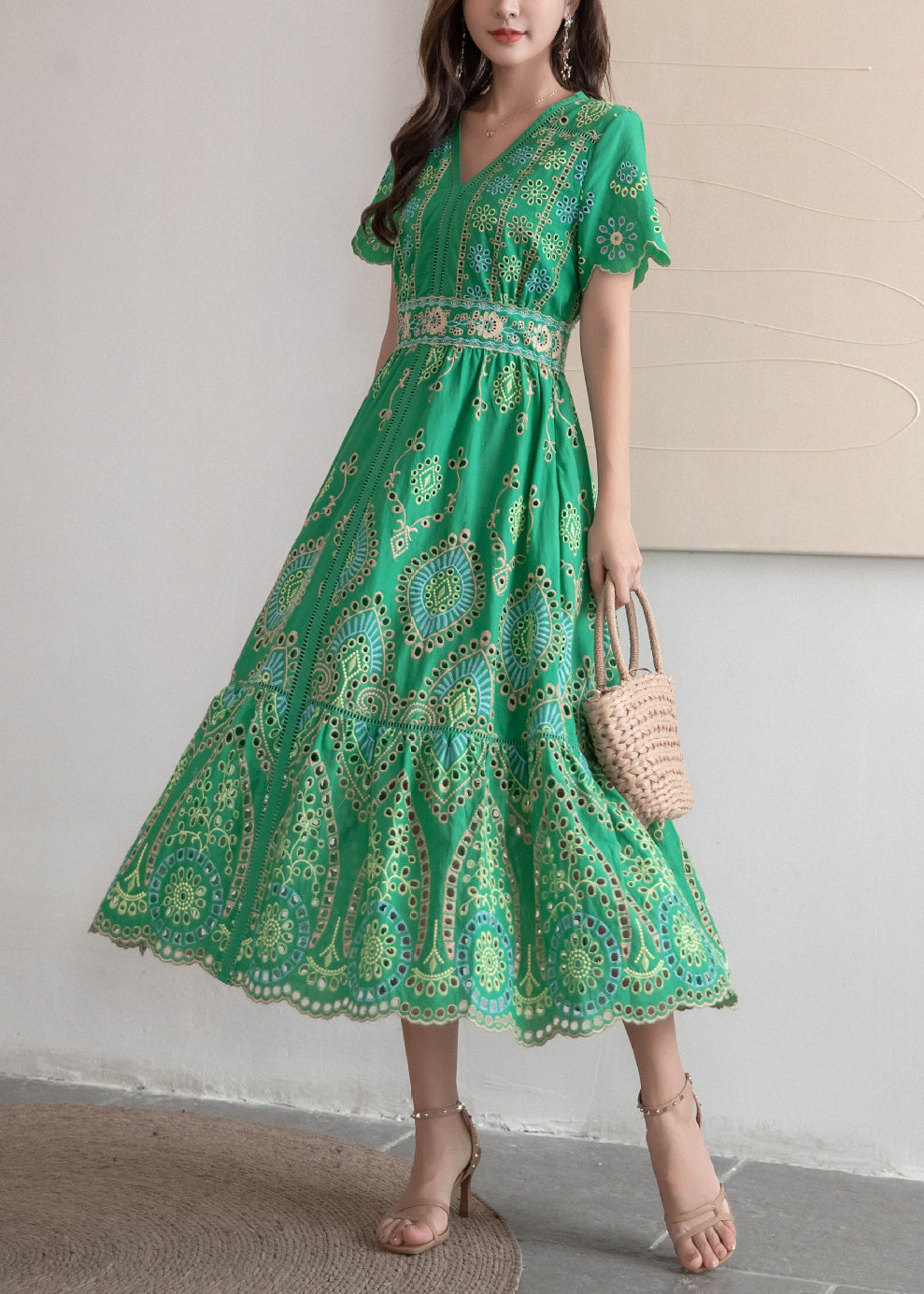 Dresses Out Summer Hollow Long Embroidered French Cotton Green