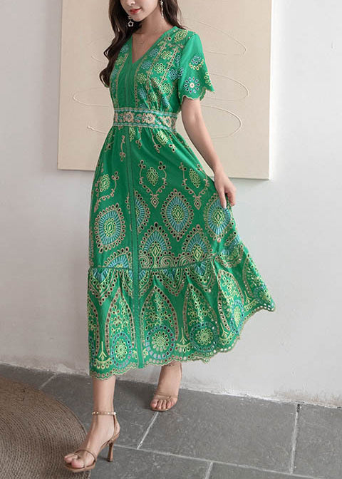 Dresses Out Summer Hollow Long Embroidered French Cotton Green