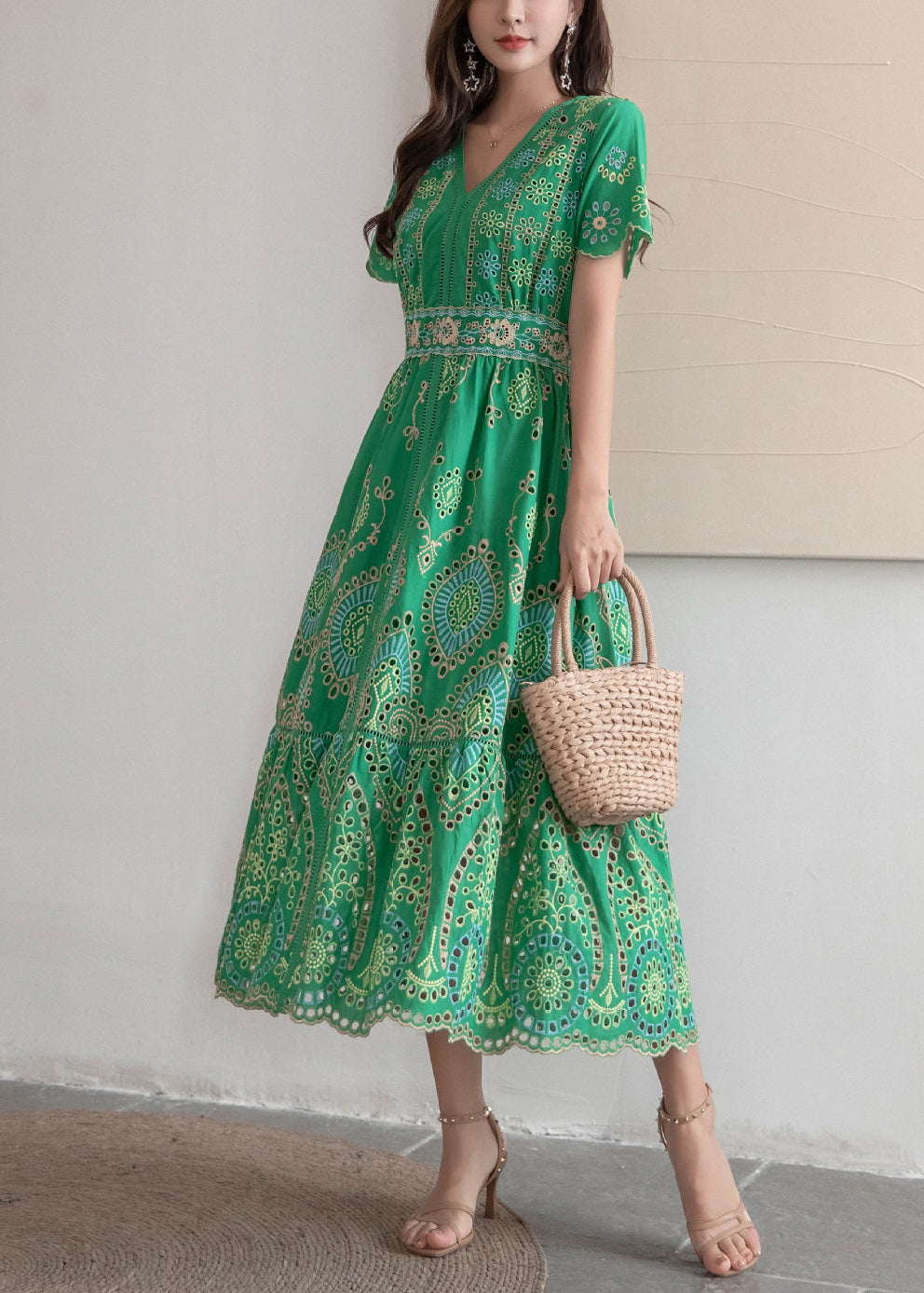 Dresses Out Summer Hollow Long Embroidered French Cotton Green