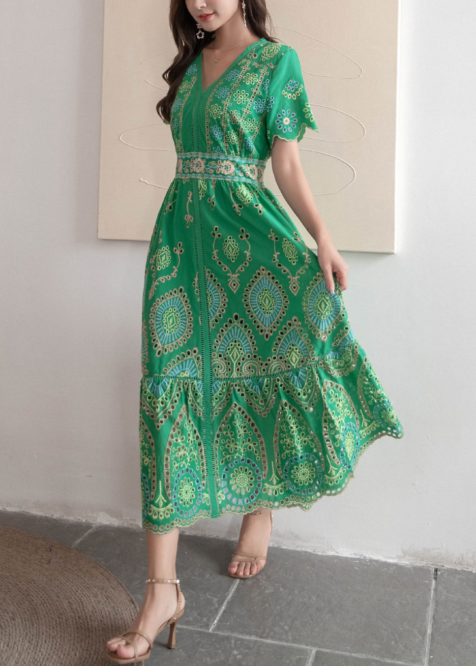 Dresses Out Summer Hollow Long Embroidered French Cotton Green