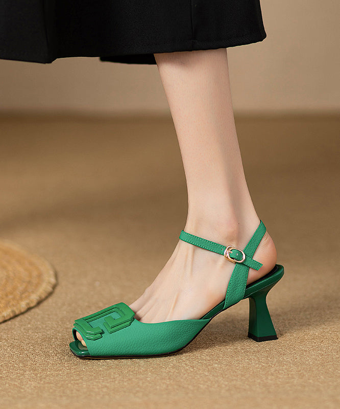 Green Leather Heels Faux French High Square Toe