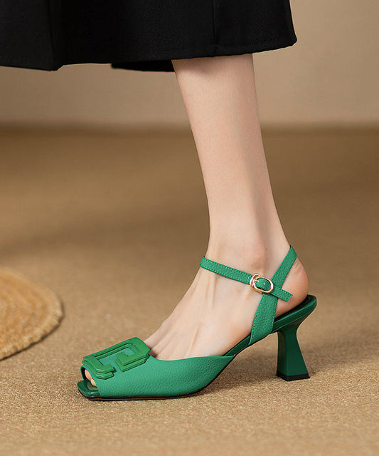 Green Leather Heels Faux French High Square Toe