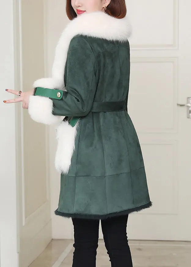 French Green Fox Collar Tie Waist Leather And Fur Coats Winter Ada Fashion