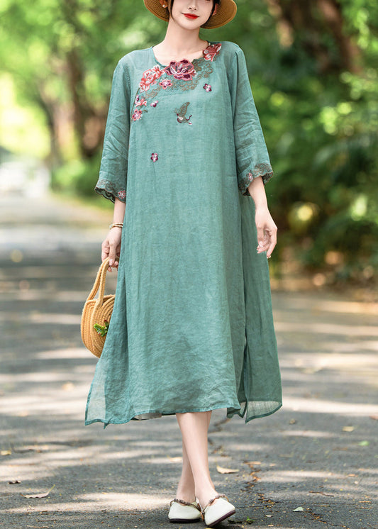 O Green Side Dress Neck Open Embroidered French Bracelet Linen