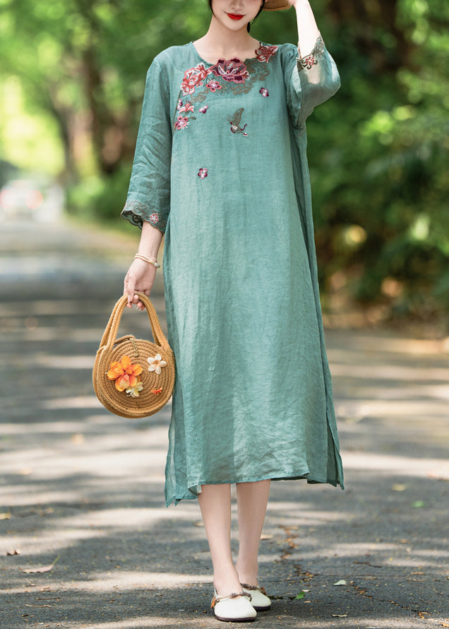 O Green Side Dress Neck Open Embroidered French Bracelet Linen
