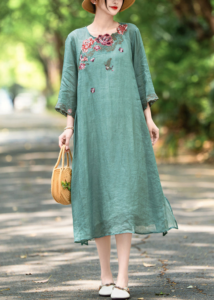 O Green Side Dress Neck Open Embroidered French Bracelet Linen