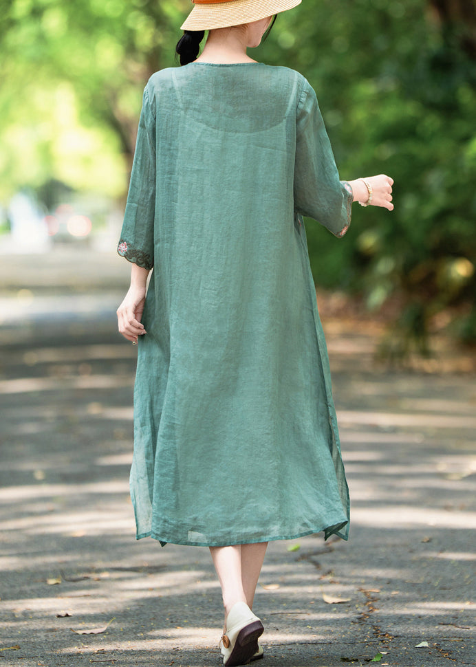 O Green Side Dress Neck Open Embroidered French Bracelet Linen