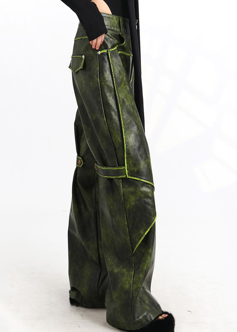 French Green Pockets High Waist Faux Leather Pants Spring AS1011 Ada Fashion