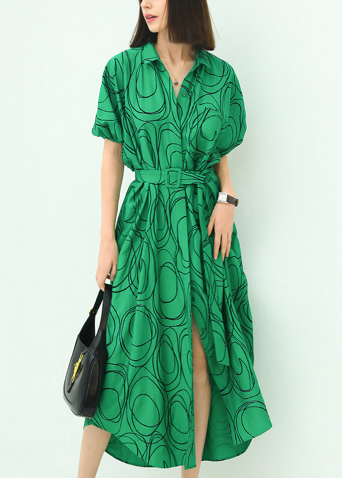 French Green Print Tie Waist Cotton Shirts Dresses Summer AA1041