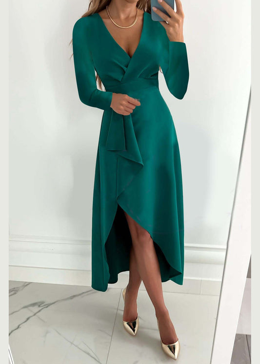 French Green V Neck Asymmetrical Design Side Open Dress Fall QR003