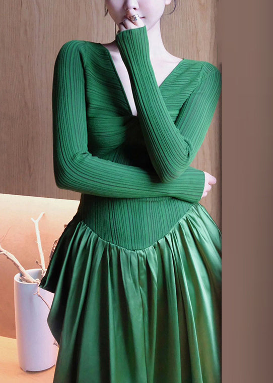 French Green V Neck High Waist Patchwork Knit Dresses Long Sleeve Ada Fashion