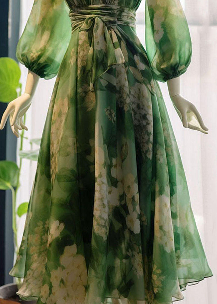 Robe en mousseline de soie à taille haute et col en V vert français à manches longues KJ024