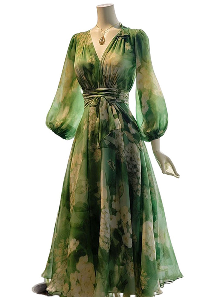 Robe en mousseline de soie à taille haute et col en V vert français à manches longues KJ024