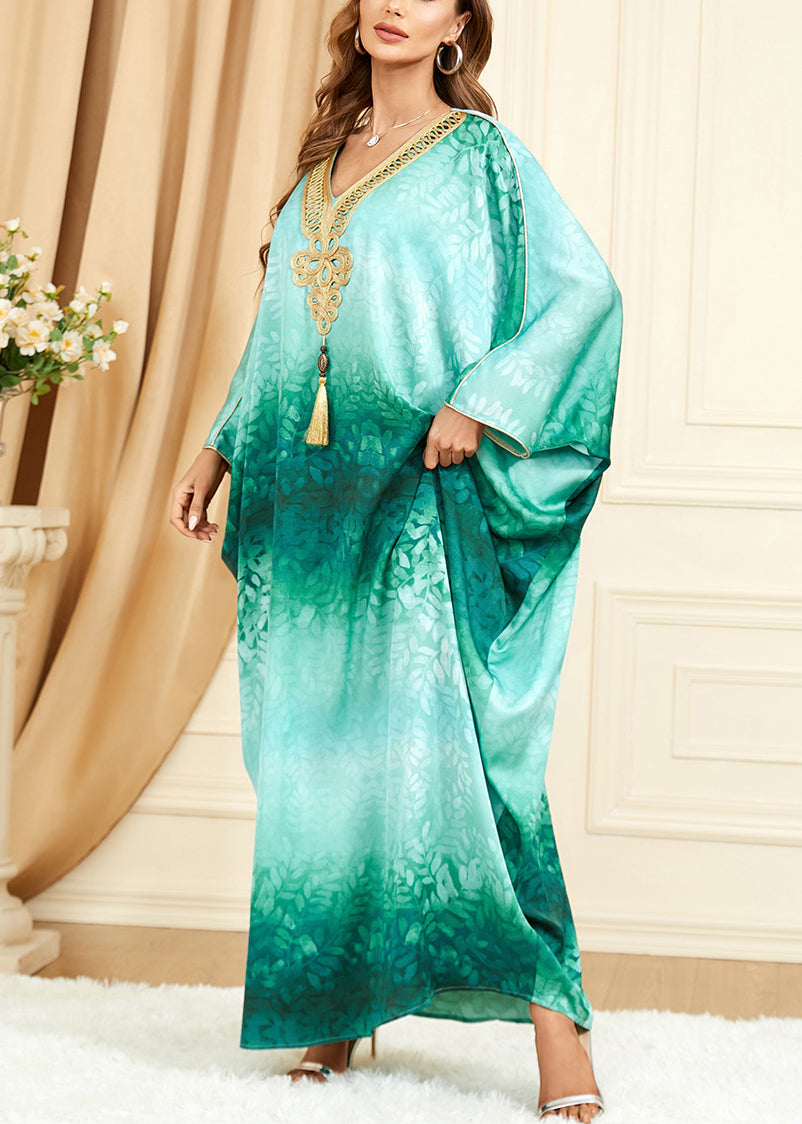 French Green V Neck Print Silk Maxi Dresses Batwing Sleeve AA1032