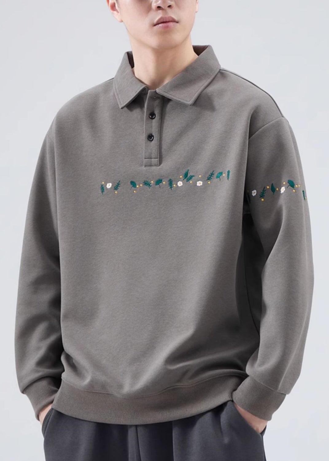 French Grey Embroideried Button Cotton Mens Sweatshirts Spring TC020
