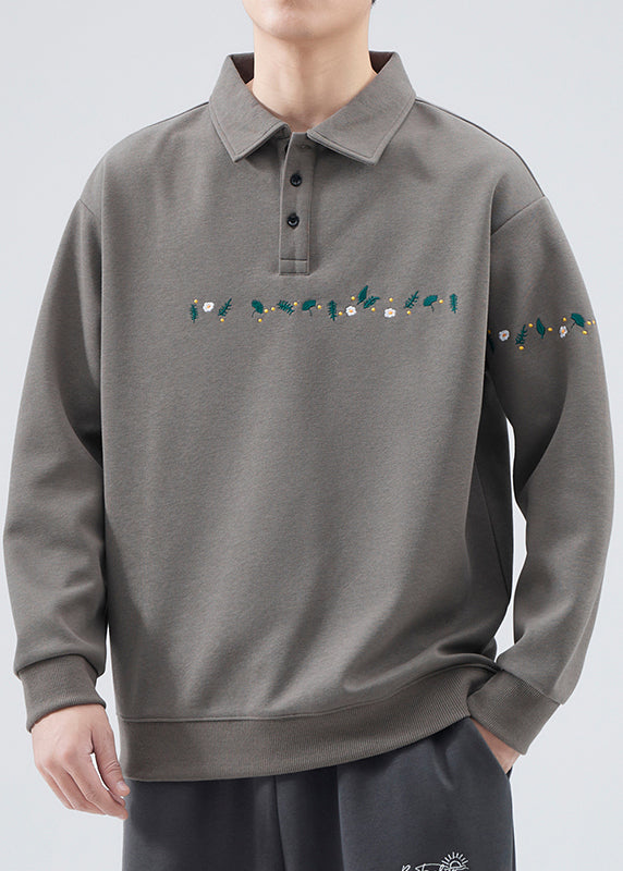 French Grey Embroideried Button Cotton Mens Sweatshirts Spring TC020