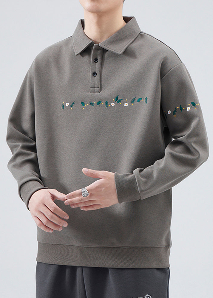 French Grey Embroideried Button Cotton Mens Sweatshirts Spring TC020