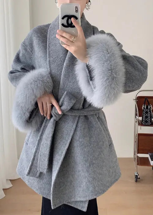 French Grey Fluffy Tie Waist Pockets Patchwork Wool Coat Winter Ada Fashion