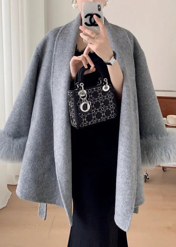 French Grey Fluffy Tie Waist Pockets Patchwork Wool Coat Winter Ada Fashion