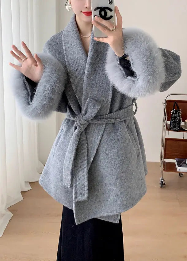 French Grey Fluffy Tie Waist Pockets Patchwork Wool Coat Winter Ada Fashion