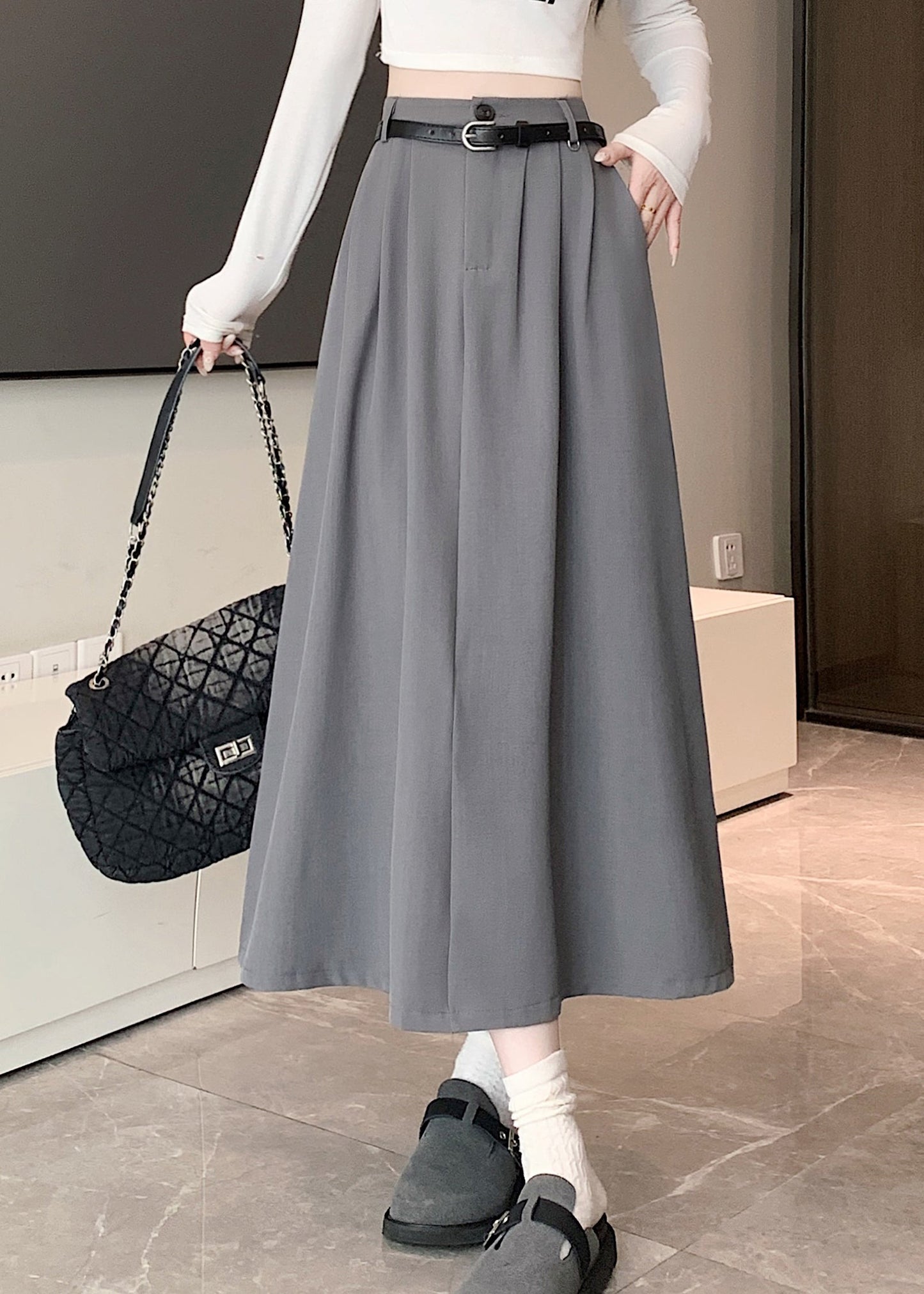 French Grey High Waist Exra Large Hem Skirt Spring QQ1029