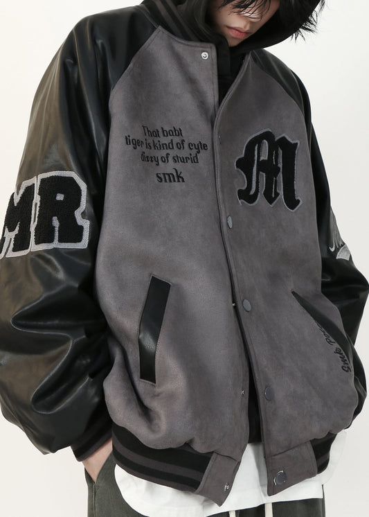 French Grey Letter Faux Leather Patchwork Faux Suede Mens Coat Spring TC013