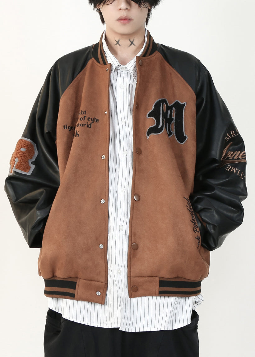 French Grey Letter Faux Leather Patchwork Faux Suede Mens Coat Spring TC013