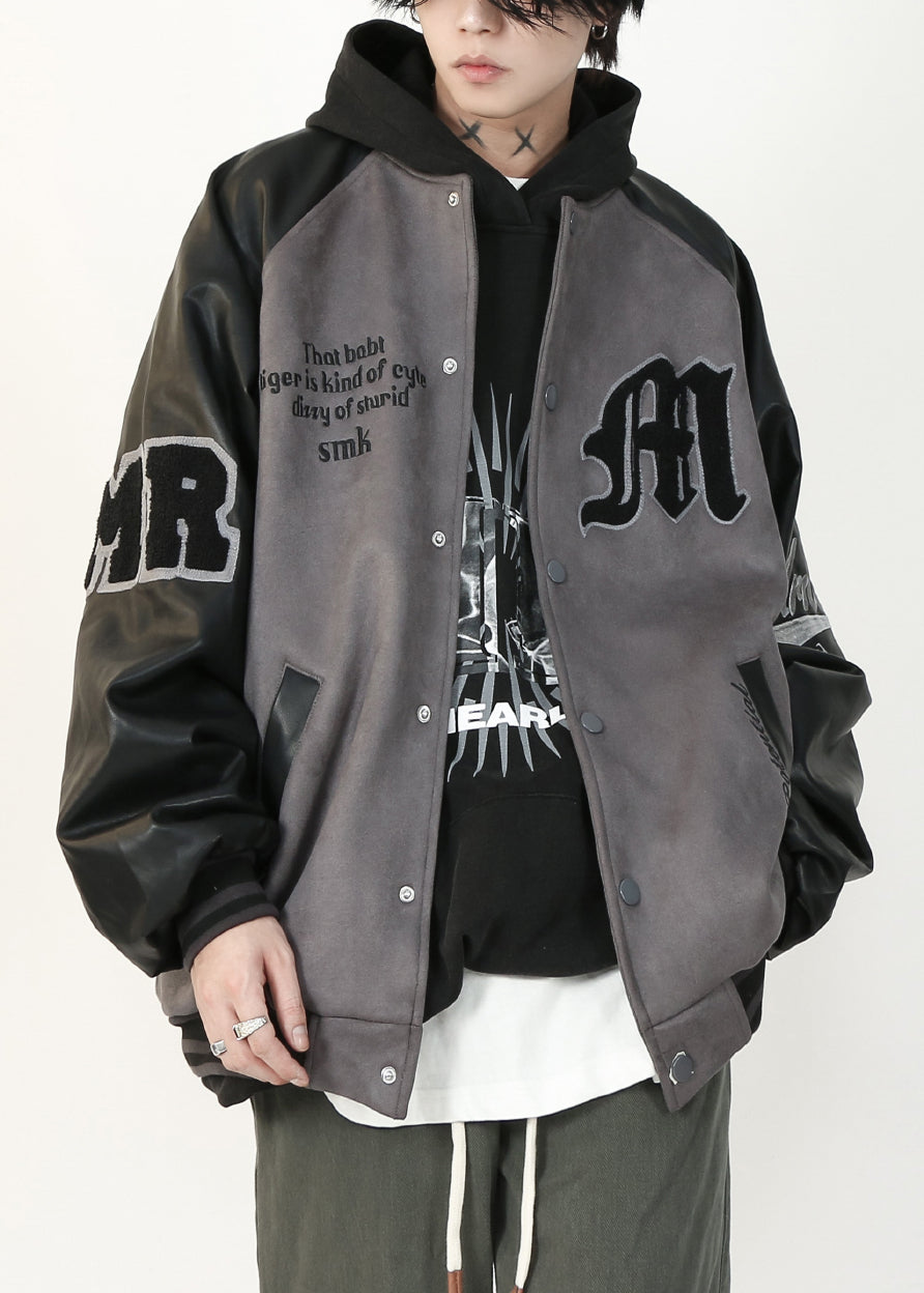 French Grey Letter Faux Leather Patchwork Faux Suede Mens Coat Spring TC013