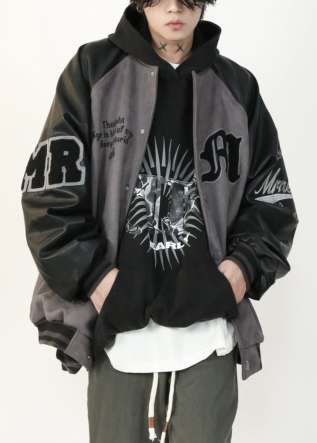 French Grey Letter Faux Leather Patchwork Faux Suede Mens Coat Spring TC013