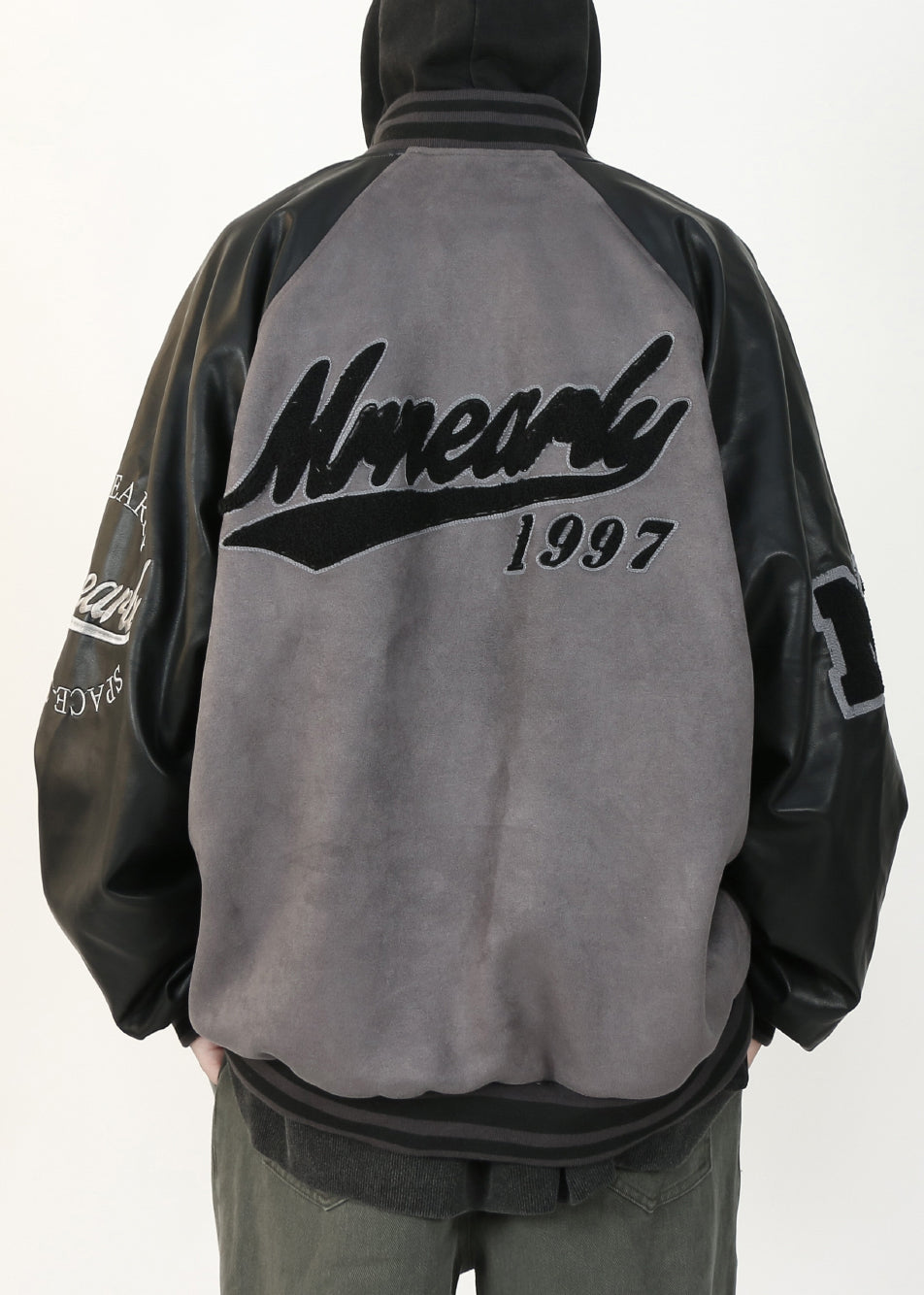 French Grey Letter Faux Leather Patchwork Faux Suede Mens Coat Spring TC013