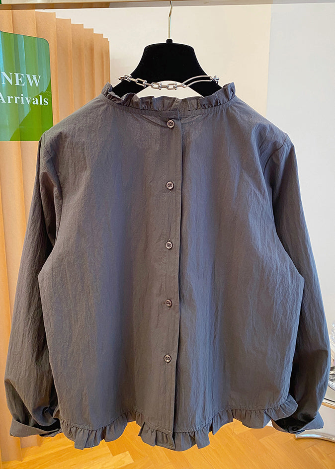 Patchwork Fall Grey Cotton Ruffled Shirt French